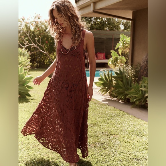 Free People Bianca Fauxchet coastal crochet knit Midi Dress Cover Up medium - Picture 1 of 8